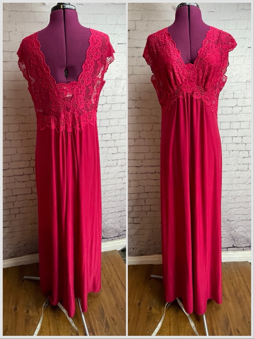 Jonquil size large red long slip nightgown lace bodice
